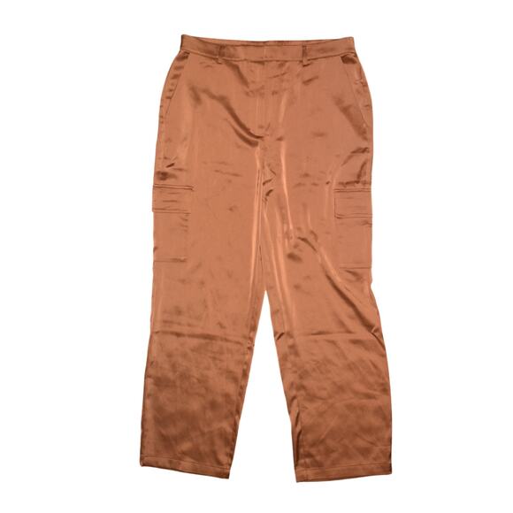 NICOLE MILLER NEW $225 Wide Leg Satin Cargo Pants Copper Brown Large - Picture 1 of 3